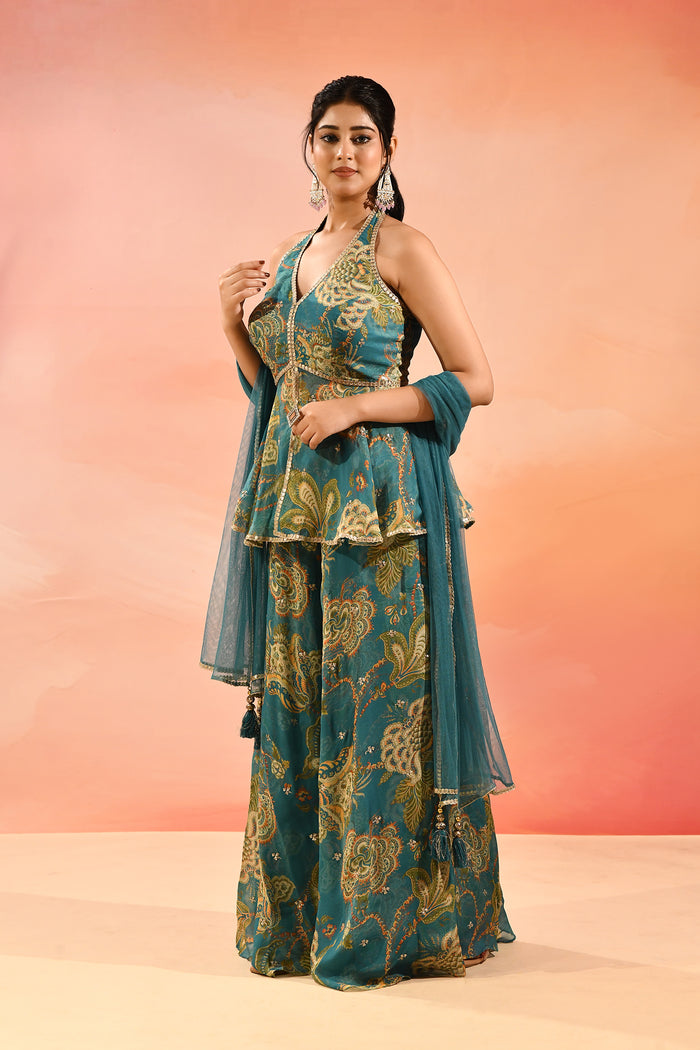 Teal Paisley Printed Halter Peplum Set With Flared Pants