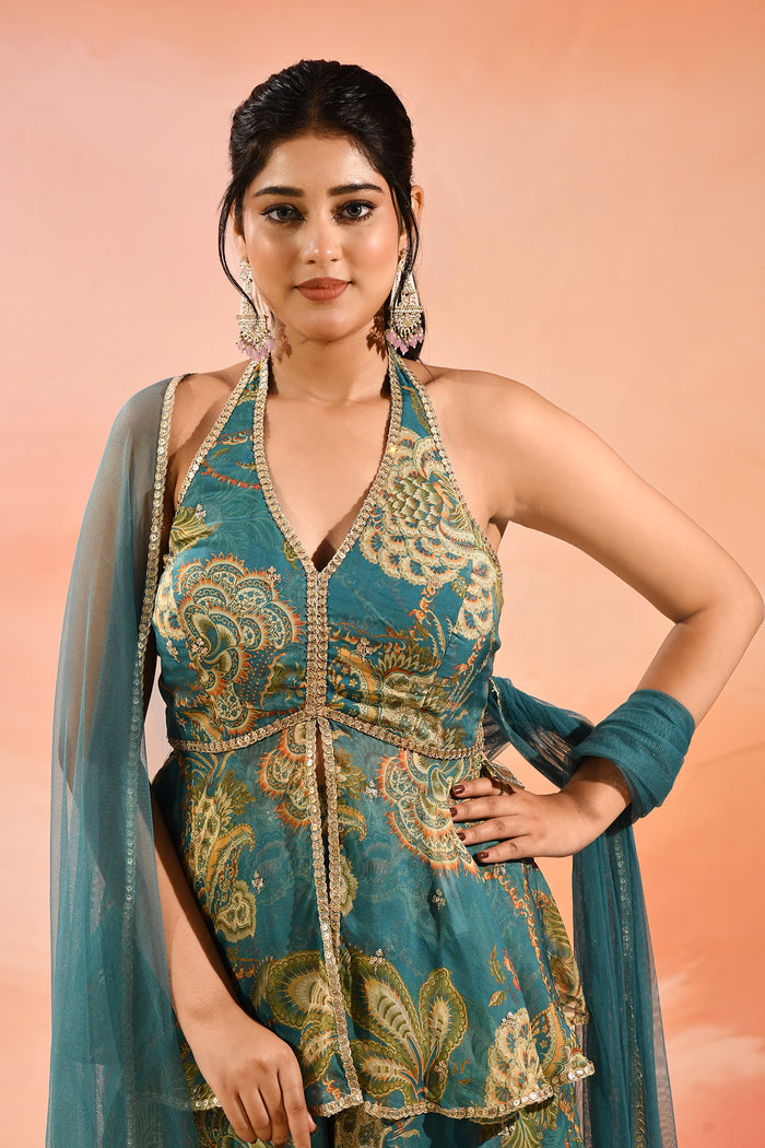 Teal Paisley Printed Halter Peplum Set With Flared Pants