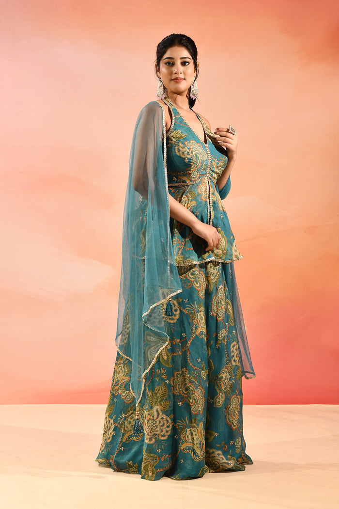Teal Paisley Printed Halter Peplum Set With Flared Pants