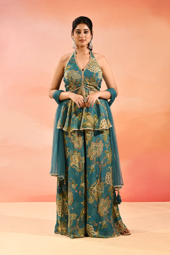 Teal Paisley Printed Halter Peplum Set With Flared Pants