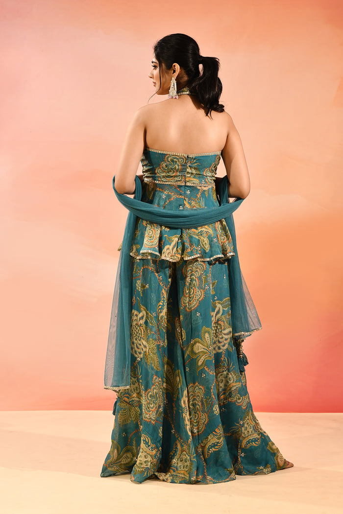 Teal Paisley Printed Halter Peplum Set With Flared Pants