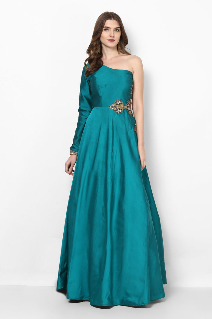 Teal Satin One-Shoulder Gown With Embroidered Waist Detail
