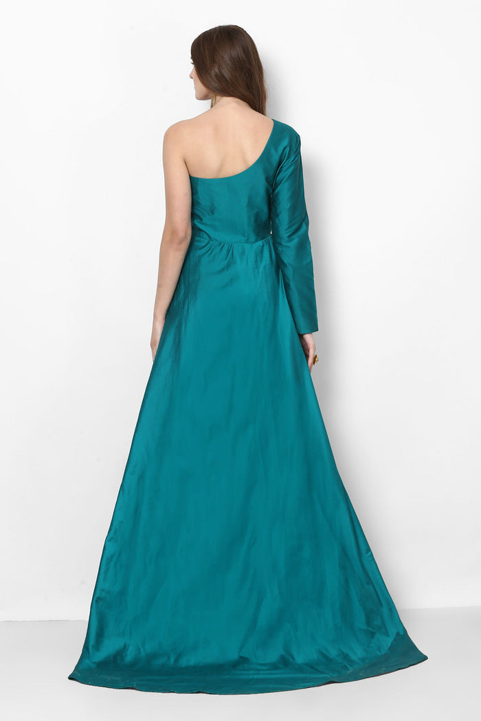 Teal Satin One-Shoulder Gown With Embroidered Waist Detail