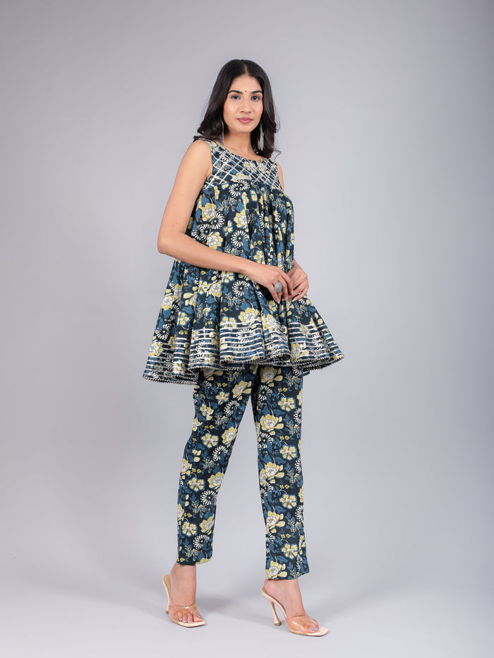 Teal & Yellow Chevron Printed Peplum Sharara Indo Western Set