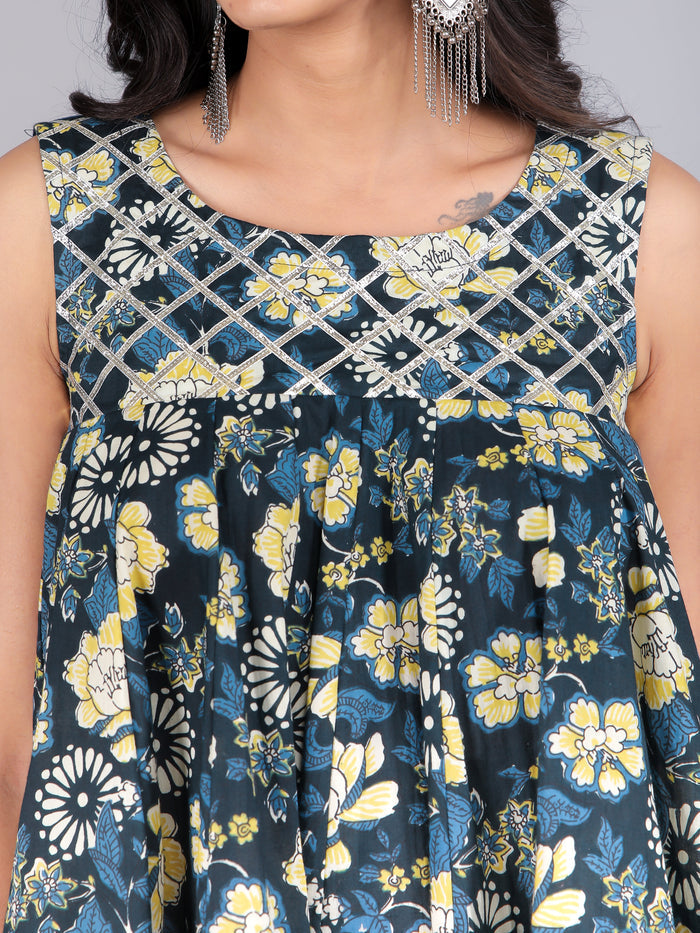 Teal & Yellow Chevron Printed Peplum Sharara Indo Western Set