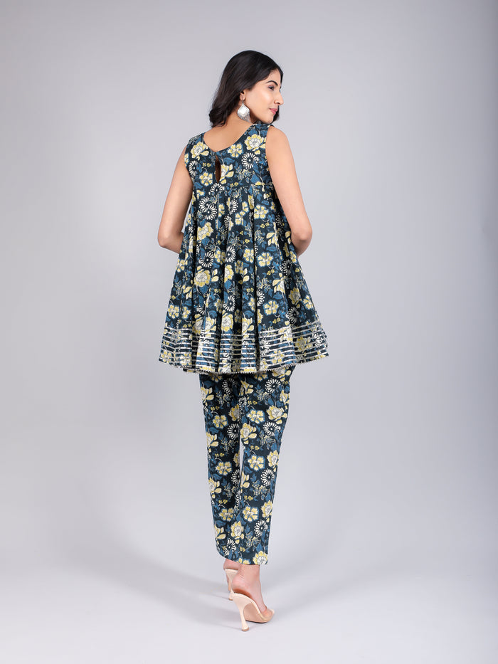 Teal & Yellow Chevron Printed Peplum Sharara Indo Western Set