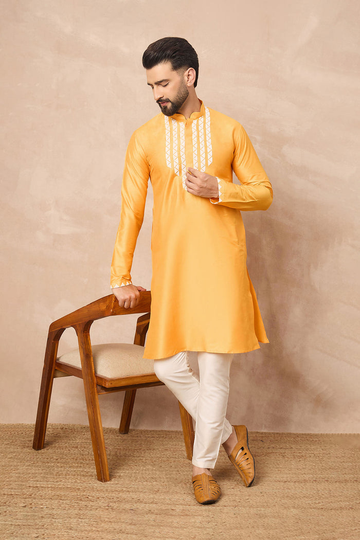 Texas Rose Yellowish Orange Cotton Blend Embroidered Kurta Set