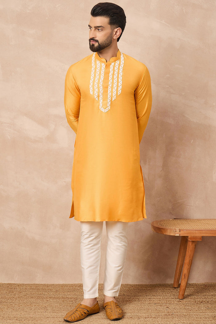 Texas Rose Yellowish Orange Cotton Blend Embroidered Kurta Set