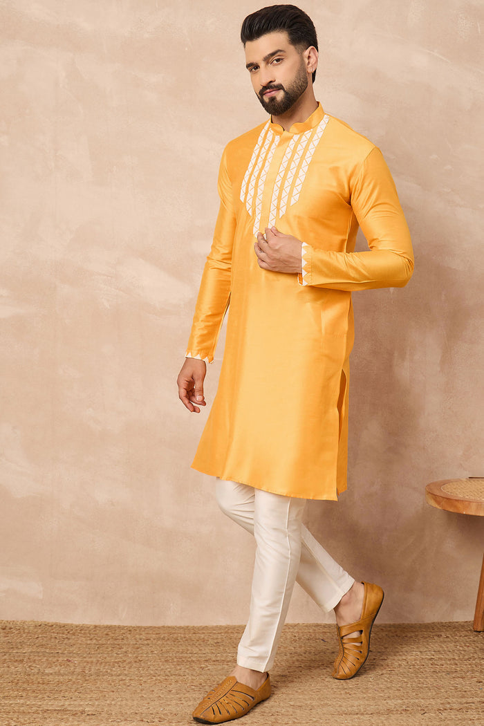 Texas Rose Yellowish Orange Cotton Blend Embroidered Kurta Set