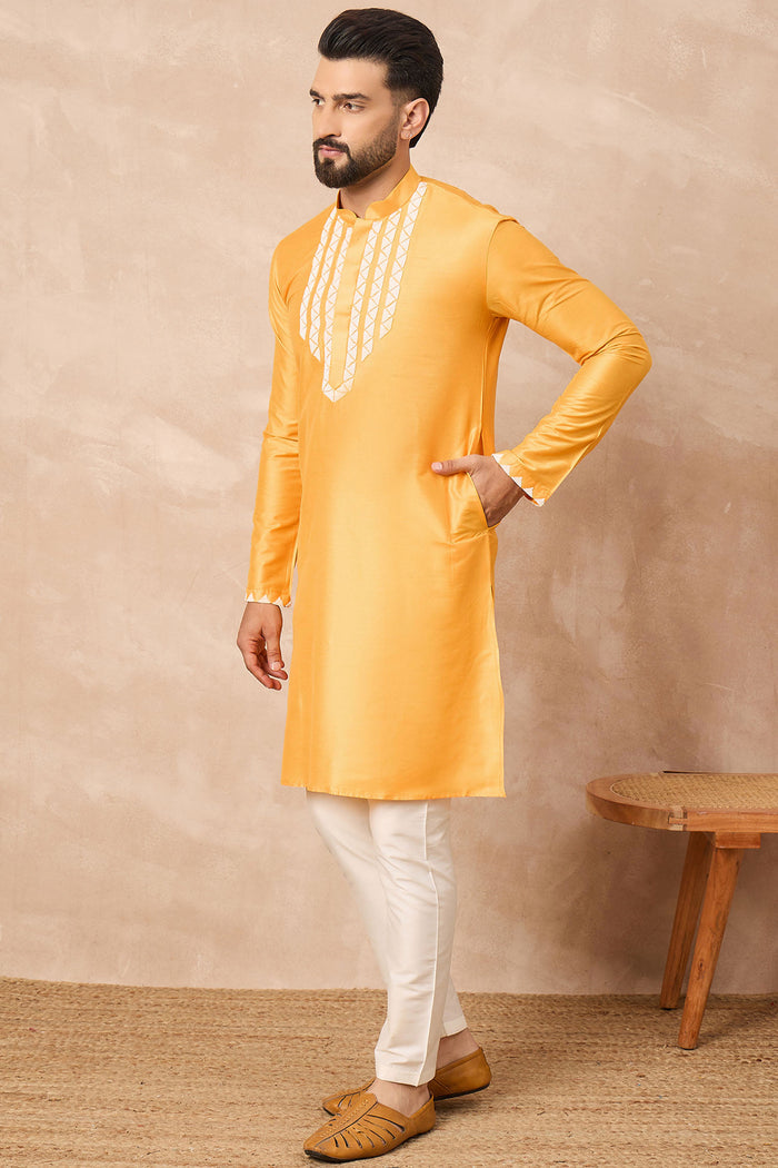 Texas Rose Yellowish Orange Cotton Blend Embroidered Kurta Set