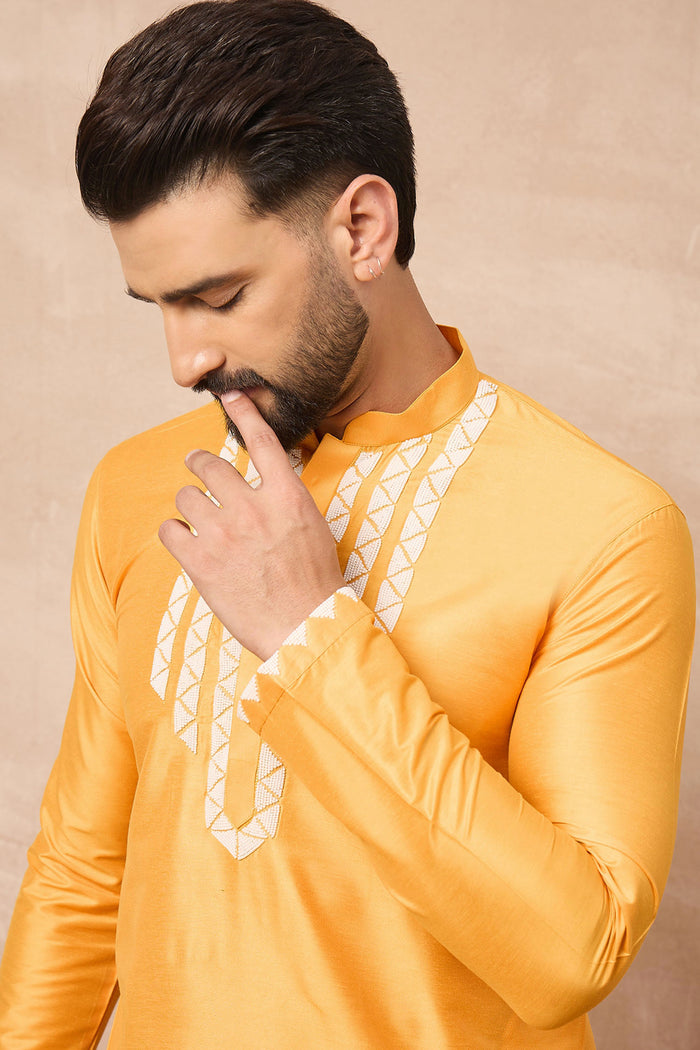 Texas Rose Yellowish Orange Cotton Blend Embroidered Kurta Set