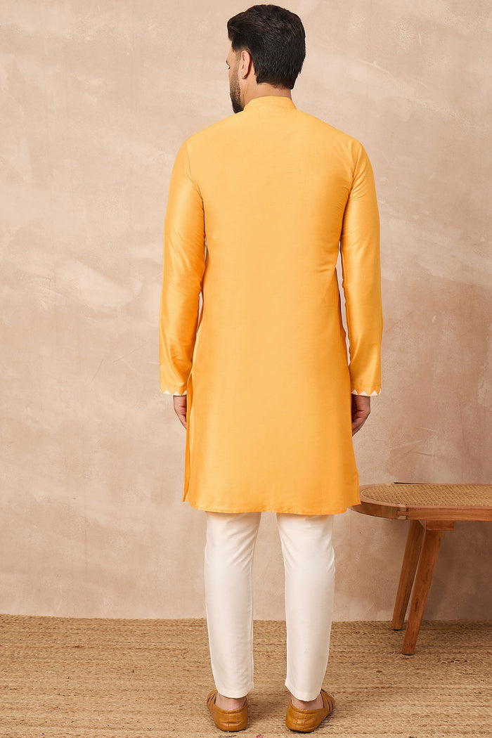 Texas Rose Yellowish Orange Cotton Blend Embroidered Kurta Set
