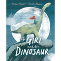 Book cover of 'The Girl and the Dinosaur' with a girl riding a dinosaur against a moonlit sky.