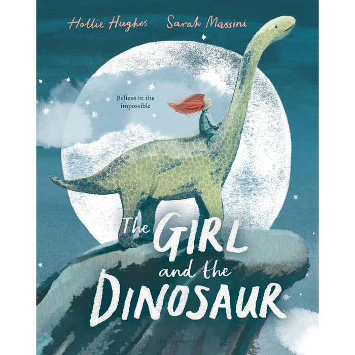 Book cover of 'The Girl and the Dinosaur' with a girl riding a dinosaur against a moonlit sky.