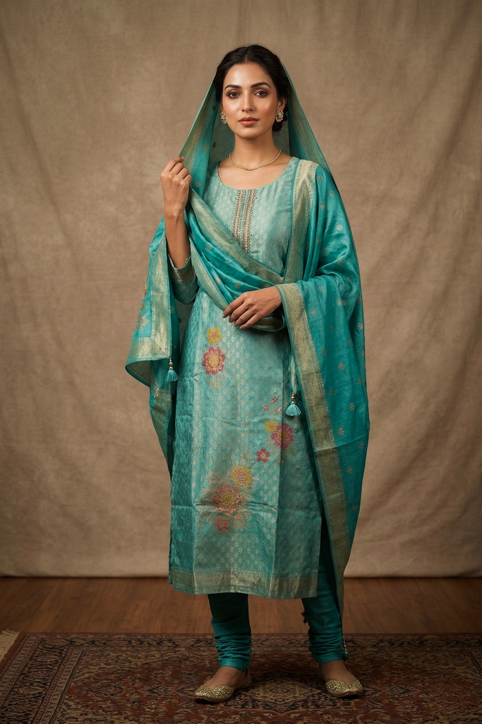 Tiffany Blue Banarasi Silk Kurta Set
