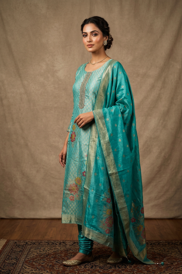 Tiffany Blue Banarasi Silk Kurta Set