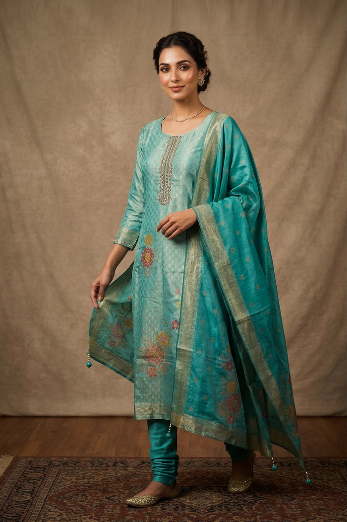 Tiffany Blue Banarasi Silk Kurta Set
