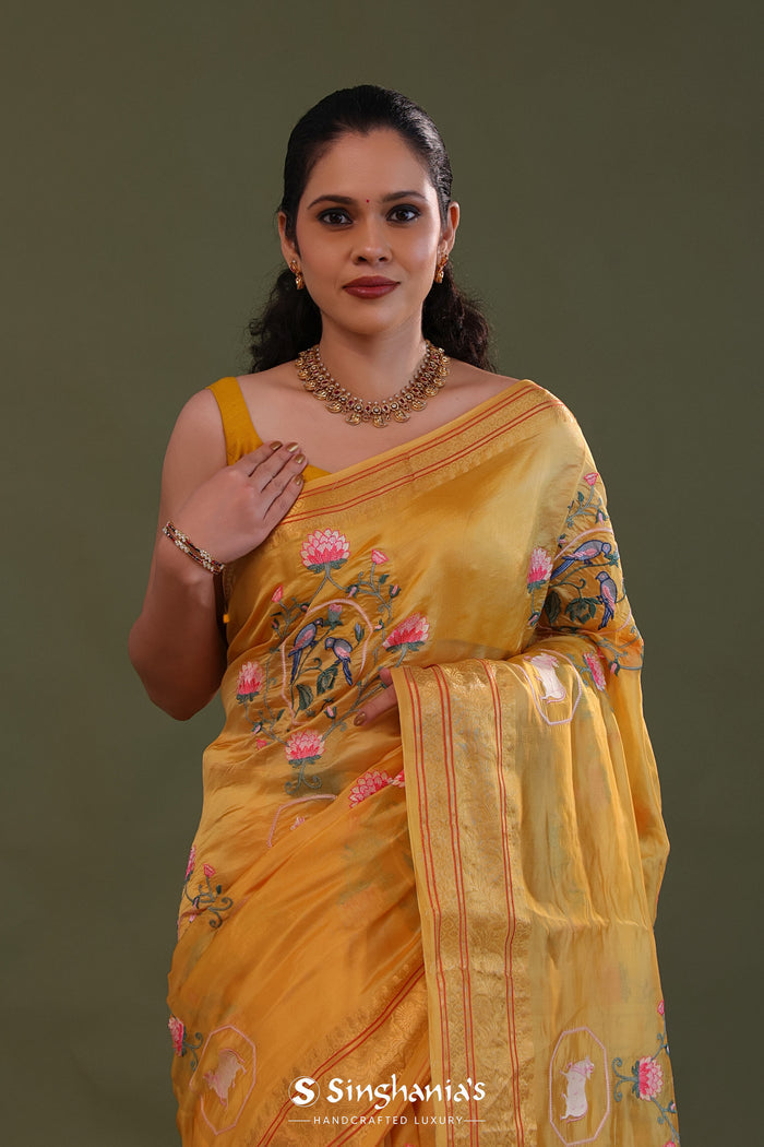 <img> Tiger Orange Soft Chanderi Silk Saree With Embroidery Work