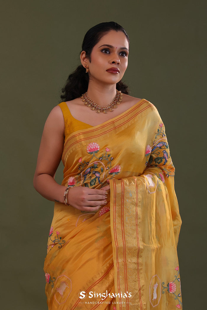 <img> Tiger Orange Soft Chanderi Silk Saree With Embroidery Work
