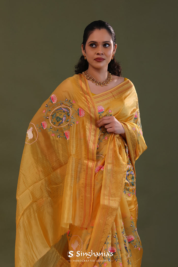 <img> Tiger Orange Soft Chanderi Silk Saree With Embroidery Work