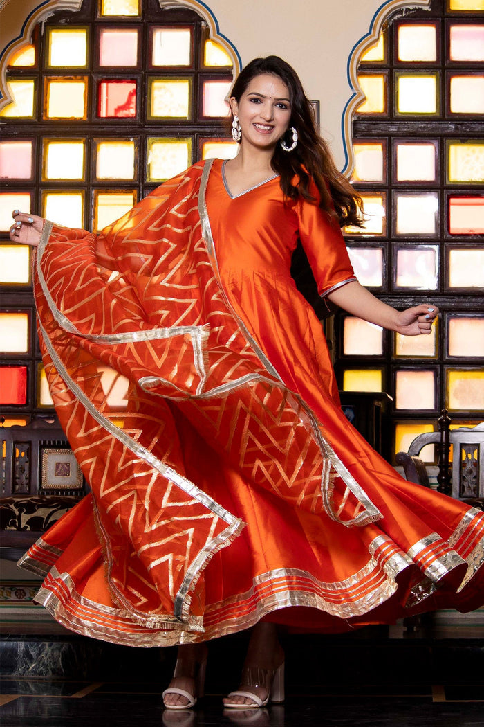 <img> Tiger Orange Taffeta Silk Anarkali Set With Zari Woven Dupatta