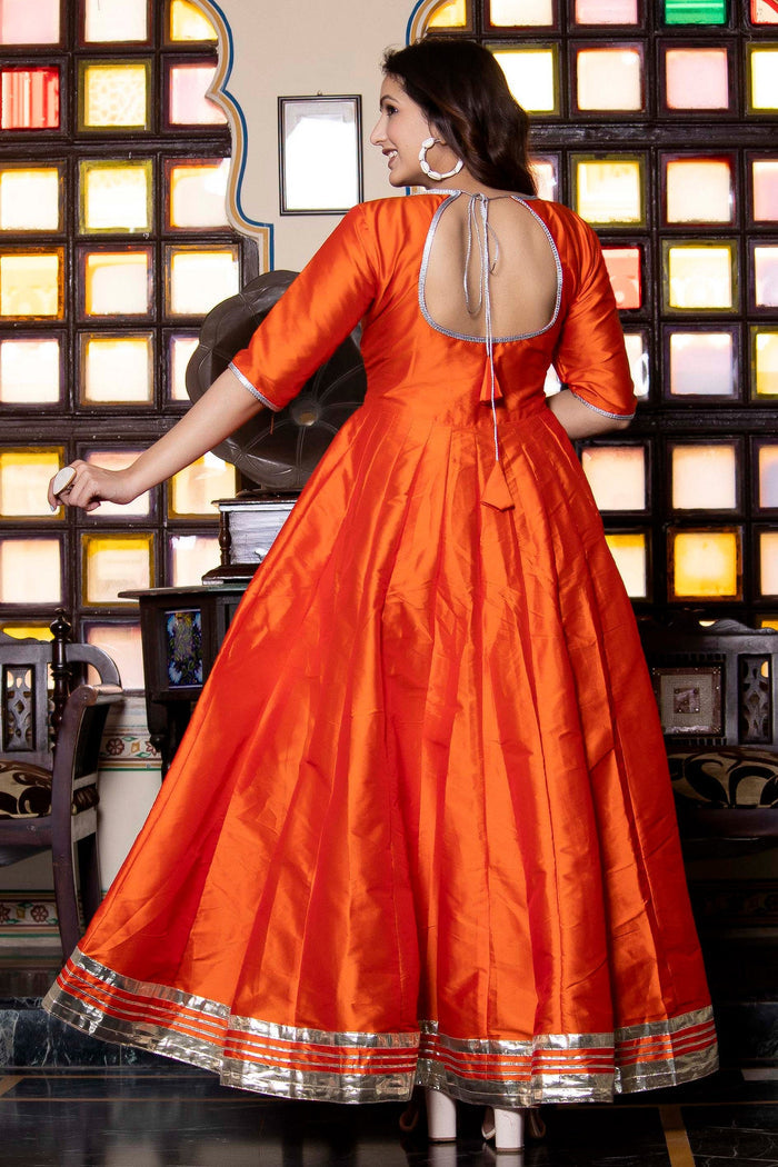 <img> Tiger Orange Taffeta Silk Anarkali Set With Zari Woven Dupatta