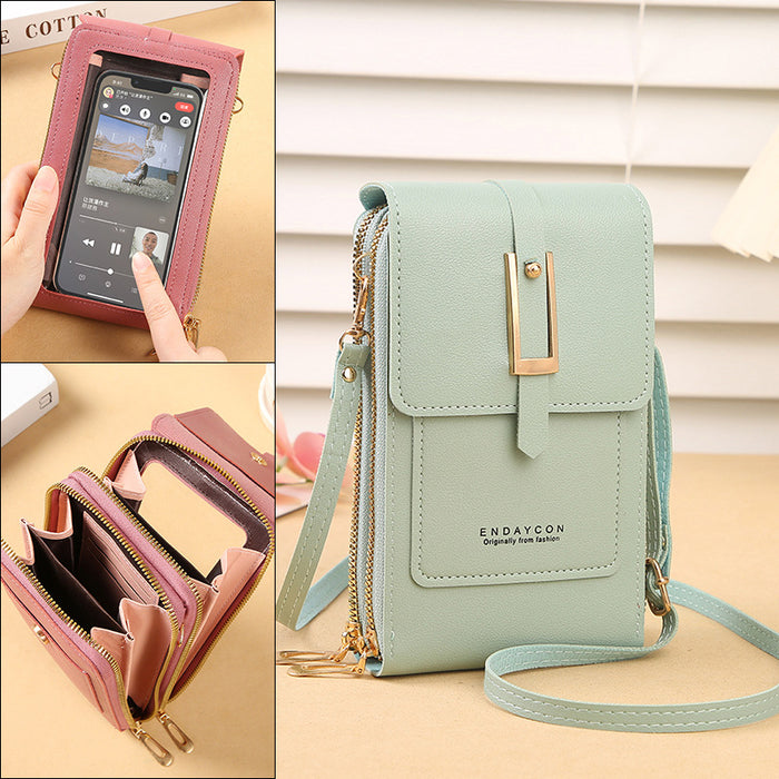 Women's compact crossbody phone bag with a touchscreen phone pocket and organized interior capacity for cards and everyday essentials