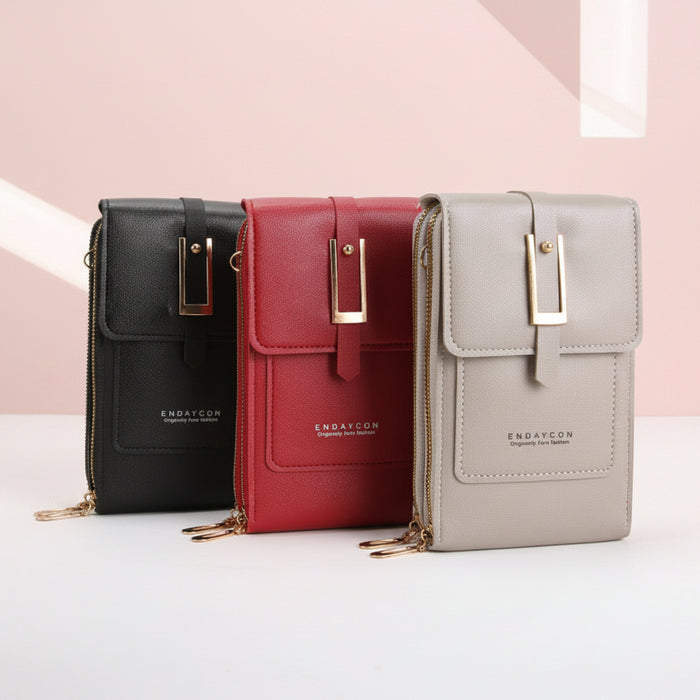 Women's touchscreen crossbody phone bags displayed side by side in different colors, featuring a compact everyday design