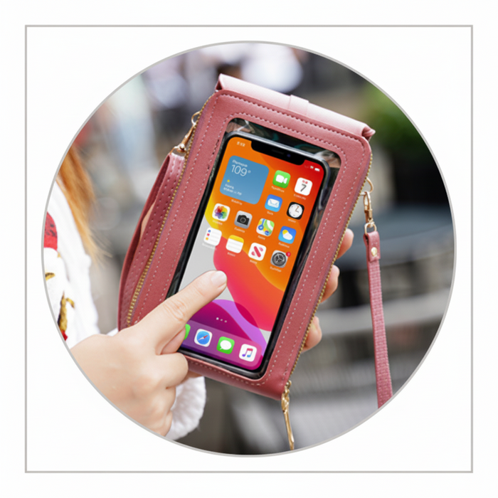 Touchscreen crossbody phone bag detail showing a phone operated through the clear touchscreen pocket