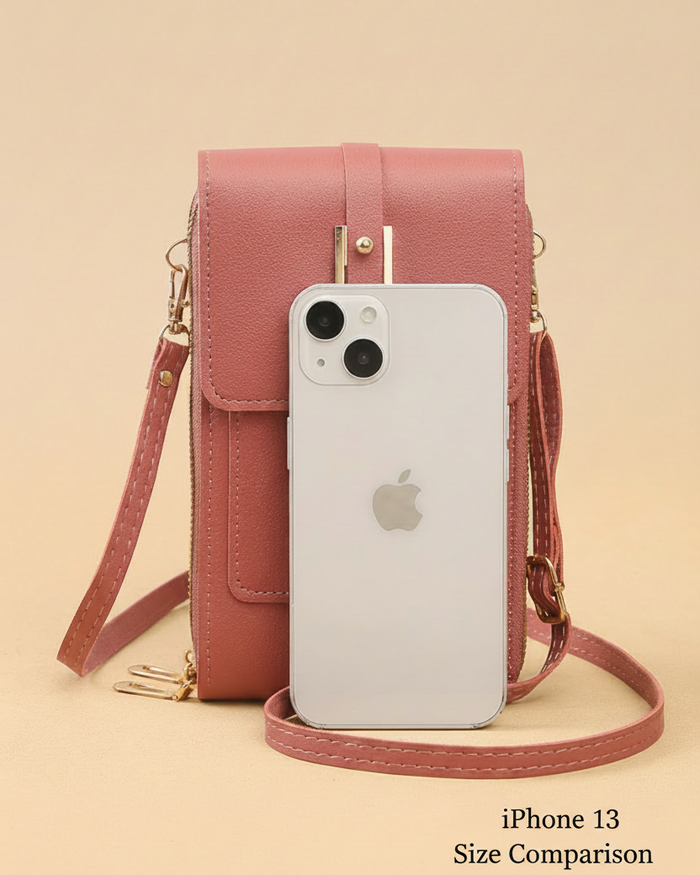 Touchscreen crossbody phone bag size compared with an iPhone 13, showing the compact fit and everyday carrying size
