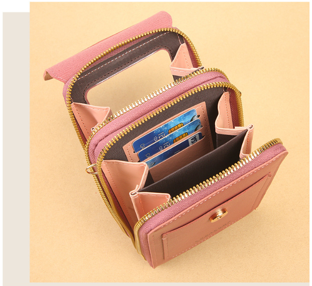 Touchscreen crossbody phone bag with a spacious interior compartment for organizing a phone, cards and everyday essentials