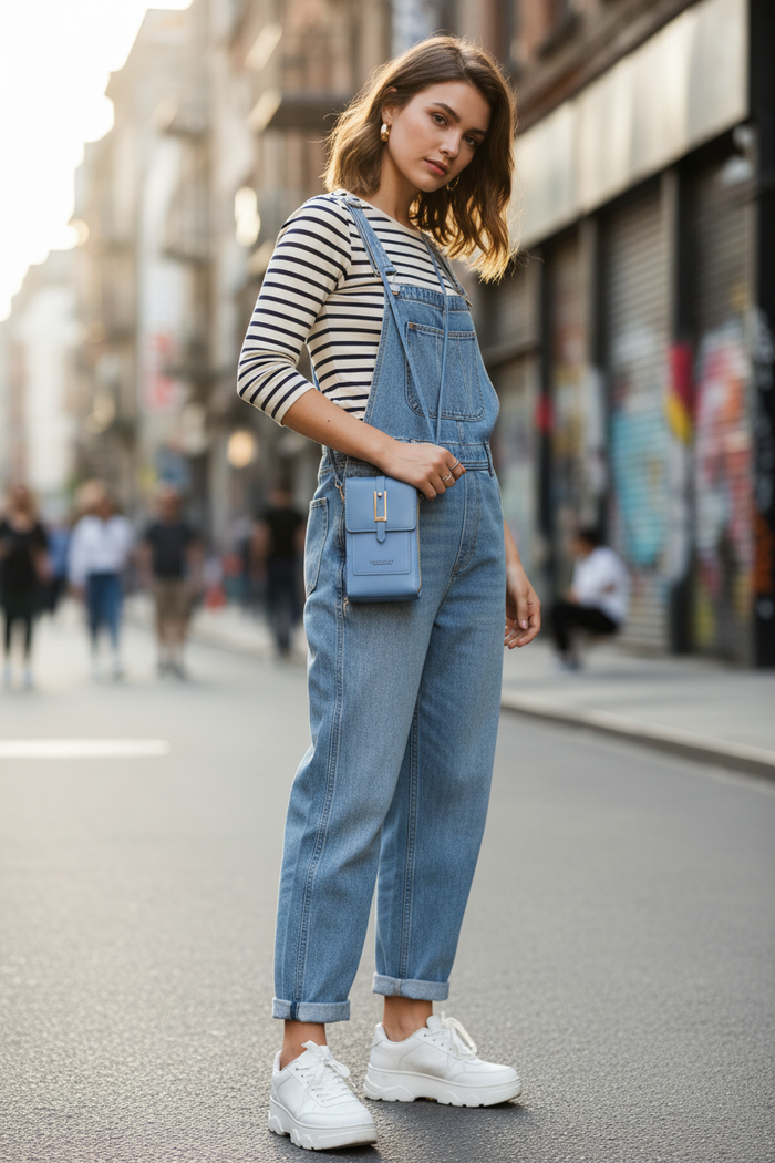 Woman wearing a compact touchscreen crossbody phone bag, showing its practical everyday carry style