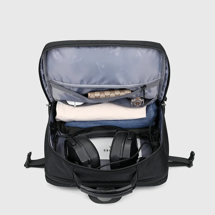 WITZMAN black nylon travel backpack for men with USB port and laptop compartment - black main pocket