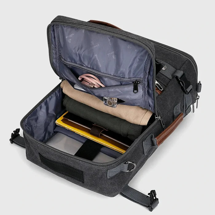 Travel Luggage Canvas Backpack for Men 22.5 Inch, front pockets and zipper layout