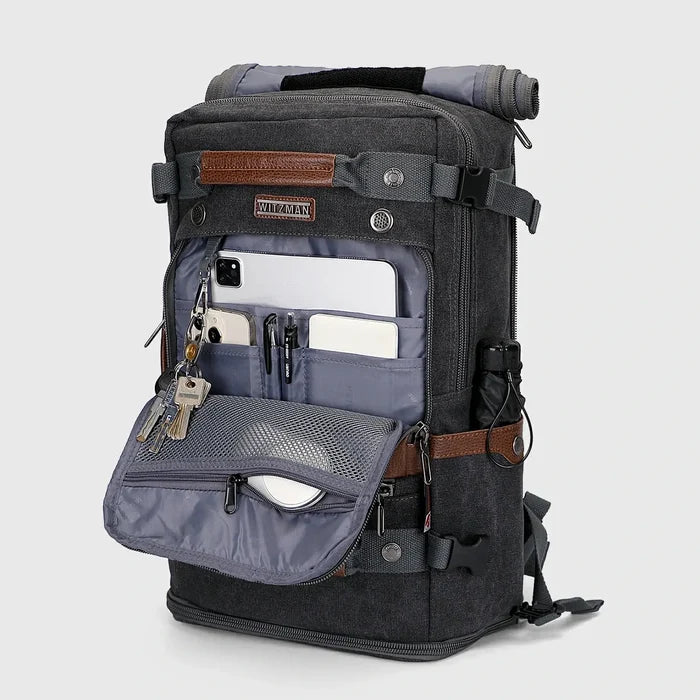 Travel Luggage Canvas Backpack for Men 22.5 Inch, side bottle pocket detail