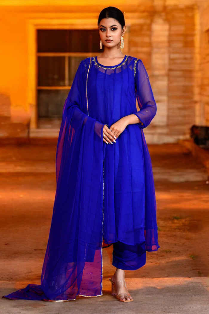 <img> Tiger Orange Taffeta Silk Anarkali Set With Zari Woven Dupatta