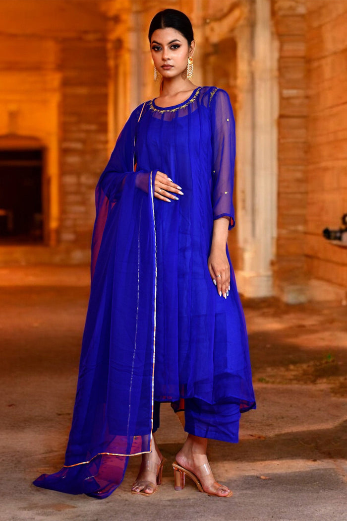 <img> Tiger Orange Taffeta Silk Anarkali Set With Zari Woven Dupatta