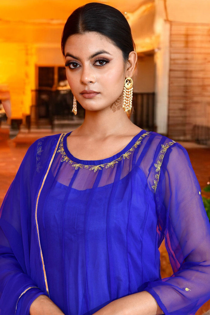 <img> Tiger Orange Taffeta Silk Anarkali Set With Zari Woven Dupatta