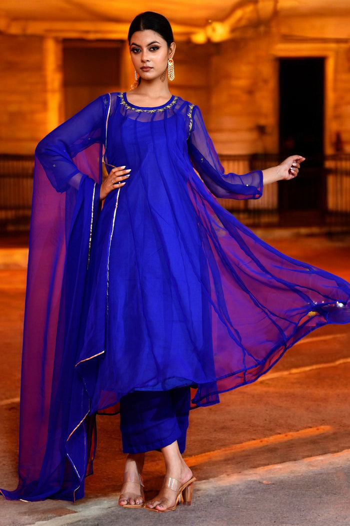 <img> Tiger Orange Taffeta Silk Anarkali Set With Zari Woven Dupatta