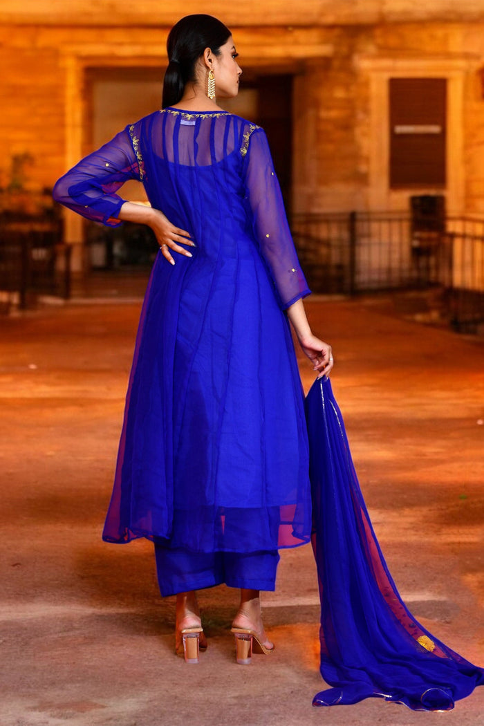 <img> Tiger Orange Taffeta Silk Anarkali Set With Zari Woven Dupatta