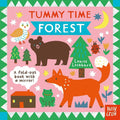Book cover of 'Tummy Time Forest' with animals and nature illustrations on a pink background.