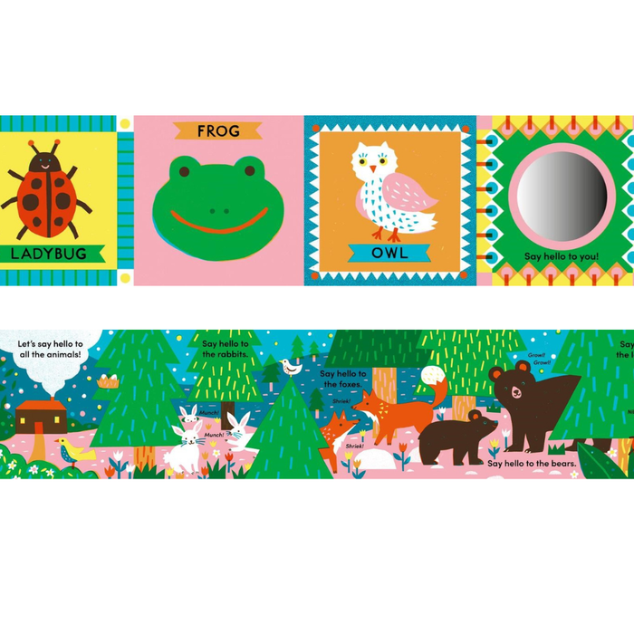 Children's book with animal illustrations and interactive elements on a white background