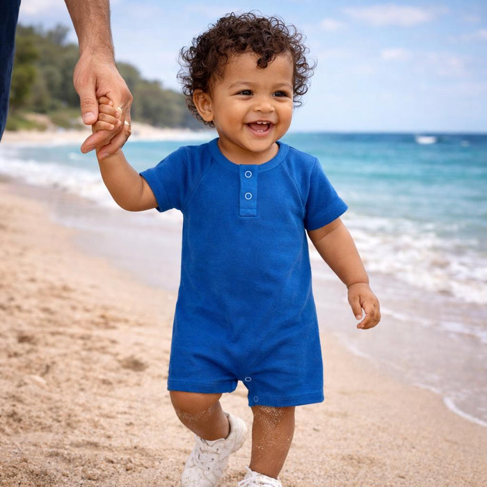 Tun Tun (Peru) - Cotton Short Sleeve Ribbed Romper - Cobalt-Sets-3-6M-Posh Baby