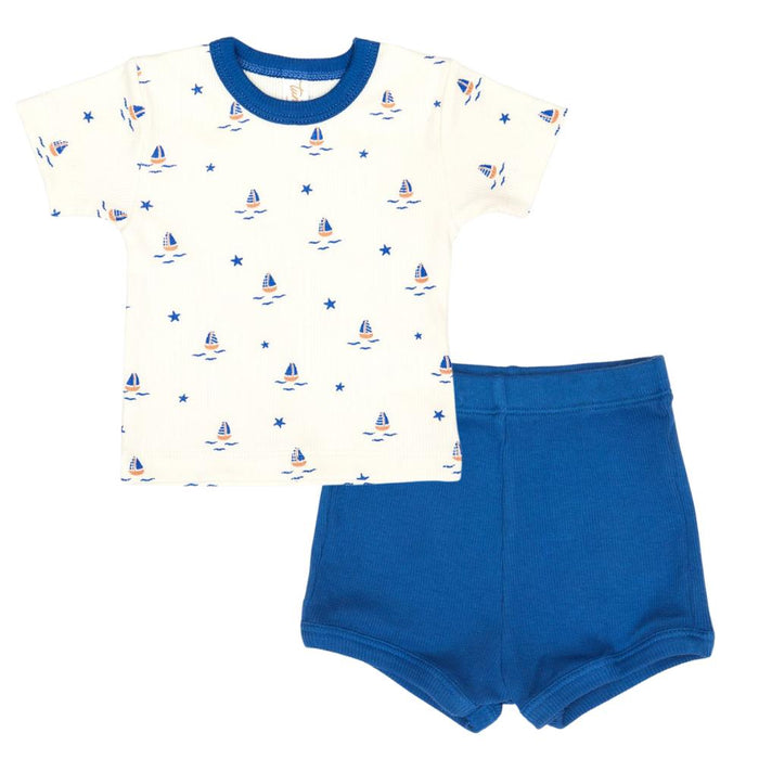 Tun Tun (Peru) - Cotton Short Sleeve Shirt & Shorts Set - Blue Sailboats-Sets-3-6M-Posh Baby
