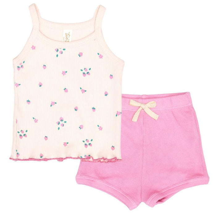 Tun Tun (Peru) - Cotton Tank Top & Shorts Set - Pink Strawberries-Sets-3-6M-Posh Baby