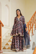 <img> Tuna Blue Cotton Floral Printed Sharara Set