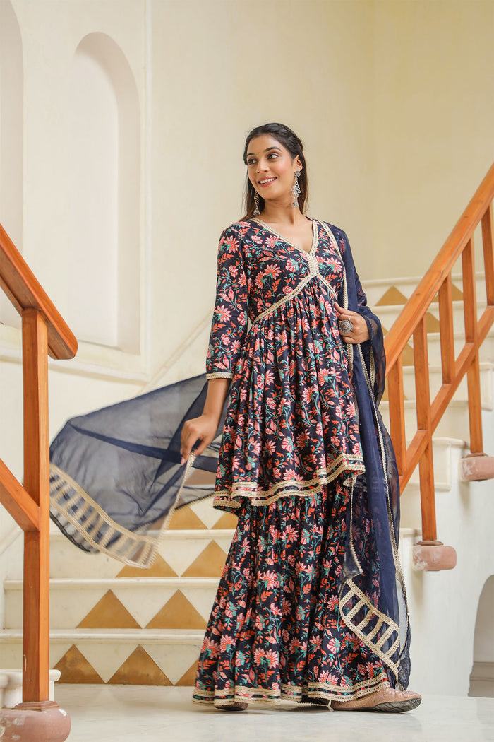 <img> Tuna Blue Cotton Floral Printed Sharara Set