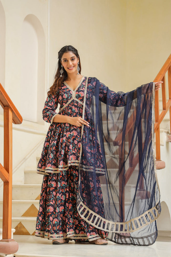 <img> Tuna Blue Cotton Floral Printed Sharara Set