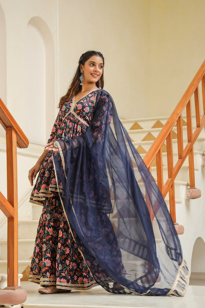 <img> Tuna Blue Cotton Floral Printed Sharara Set