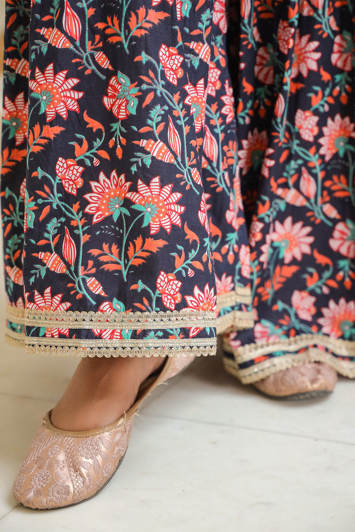 <img> Tuna Blue Cotton Floral Printed Sharara Set